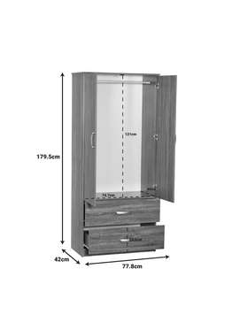 Ντουλάπα Ρούχων Δίφυλλη Zelia Pakoworld με 2 Συρτάρια Χρώμα Καρυδί 79x42x180εκ