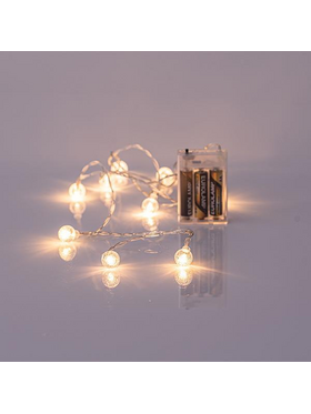 Σειρα, 10 led 5mm, με Ακρυλικες Διαφανες Μπαλες 1,8cm, Μπαταριας 3xaa, Διαφανο pvc Καλωδιο, Θερμο Λευκο Led, ανα 15cm, Προεκταση Παροχης 50cm, Ip20