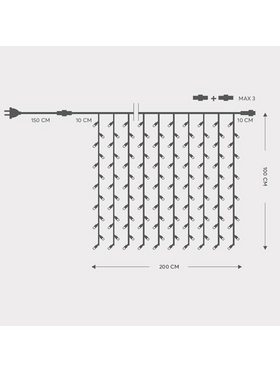 Κουρτινα, 200 led 5mm, 230v, Επεκταση εωσ 5, Προεκταση Παροχης 150cm, Πρασινο  Καλωδιο, Καουτσουκ, Λευκο Led, 200x100cm, Ιρ65