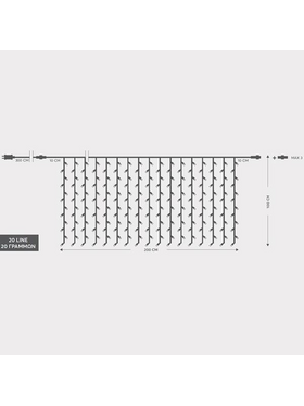 Κουρτινα, 240 led 3mm, 31v, Επεκταση ωσ 3, με Μετασχηματιστη, Προεκταση Παροχης 300cm, Διαφανο Καλωδιο, Λευκο Led, 200x100cm,ιρ44