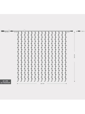 Κουρτινα, 360 led 3mm, 36v, Επεκταση ωσ 3, με Μετασχηματιστη, Προεκταση Παροχης 300cm, Διαφανο Καλωδιο, Λευκο Led, 200x200cm,ιρ44