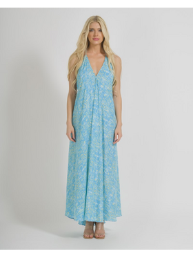 Ble Φορεμα Αμανικο σε Γαλαζιο Χρωμα με Γεωμετρικα Σχεδια one Size  (100% Crepe)