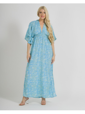 Ble Φορεμα Μακρυ με 3/4 Μανικια σε Γαλαζιο Χρωμα με Γεωμετρικα Σχεδια one Size  (100% Crepe)