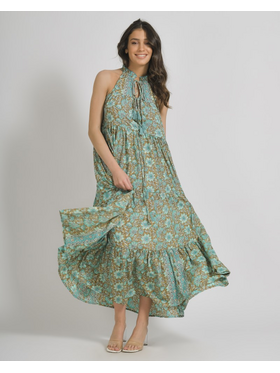 Ble Φορεμα Αμανικο σε Καφε/πρασινο Χρωμα με Χρυσες Λεπτομερειες one Size (100% Crepe).