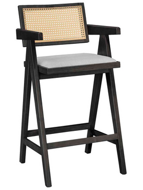Σκαμπό bar Winslow Pakoworld Ξύλο Rubberwood Μαύρο-pvc Rattan Φυσικό-Ύφασμα Γκρι