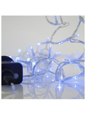 Σειρα, 100 led 3mm, 31v, 8 Προγραμματα,μετασχηματιστη με Μνημη, Προεκταση Παροχης 300cm, Διαφανο Καλωδιο, Μπλε Led, ανα 5cm, Ιρ44