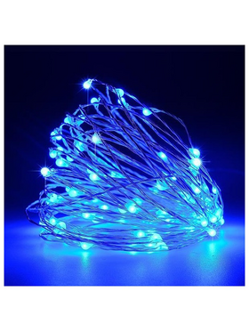 Σειρα, 100 Μινι Led, Σταθερο, 4,5v, με Μετασχηματιστη, Προεκταση Παροχης 500cm, Ασημι Χαλκος, Μπλε Led, ana 10cm, Ιρ44