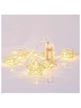 Σειρα, 10 led 5mm, με Χρυσα Μεταλλικα Αστερια, Μπαταριας 2xaa, Διαφανο pvc Καλωδιο, Θερμο Λευκο Led, ανα 15cm, Προεκταση Παροχης 30cm, Ip20