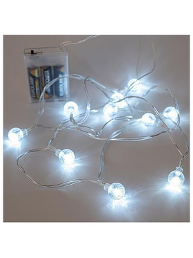 Σειρα, 10 led 5mm, με Ακρυλικες Διαφανες Μπαλες 1,8cm, Μπαταριας 3xaa, Διαφανο pvc Καλωδιο, Λευκο Led, ανα 15cm, Προεκταση Παροχης 50cm, Ip20