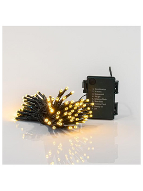 Σειρα Μπαταριας, 96 led 3mm, με Προγραμμα, Μνημη και Timer, Προεκταση Παροχης 50cm, Πρασινο Καλωδιο, Θερμο Λευκο Led, ανα 7,5cm, Ip44