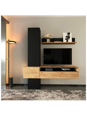 Σύνθετο Σαλονιού Wendy Pakoworld σε oak-Μαύρη Απόχρωση 195.1x37.3x219.1εκ
