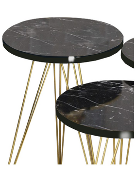 Βοηθητικά Τραπέζια Wakmi Pakoworld σετ 3τεμ Μαύρο Μαρμάρου Μελαμίνης-Χρυσο Μέταλλο