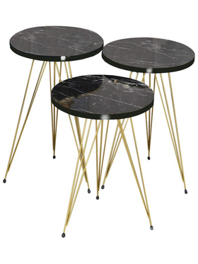 Βοηθητικά Τραπέζια Wakmi Pakoworld σετ 3τεμ Μαύρο Μαρμάρου Μελαμίνης-Χρυσο Μέταλλο