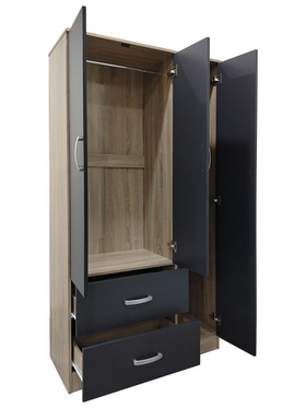 Ντουλάπα Τρίφυλλη με 2 Συρτάρια Lego Pakoworld σε Sonoma-Ανθρακί Απόχρωση 90x42x180εκ