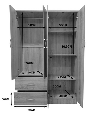 Ντουλάπα Τετράφυλλη με 2 Συρτάρια Lego Pakoworld σε Sonoma Απόχρωση 120.5x42x181εκ