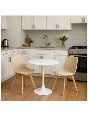 Τραπεζαρία Elijah-Gaston Pakoworld σετ 3τεμ pp-pu σε Taupe-Λευκή Απόχρωση με Φυσικό Πόδι Φ60x74εκ