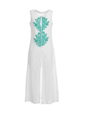 Ble Φορεμα Μακρυ Αμανικο σε Λευκο Χρωμα με Κεντημα one Size (100% Cotton)