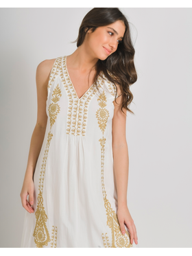 Ble Φορεμα Μακρυ Αμανικο σε Λευκο Χρωμα με Χρυσα Κεντηματα one Size (100% Rayon)