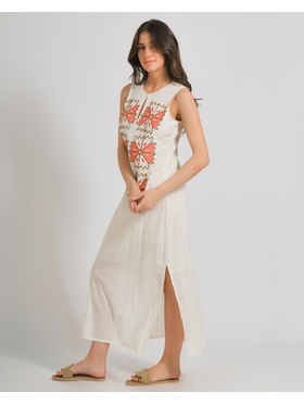 Ble Φορεμα Μακρυ Αμανικο σε Εκρου Χρωμα με Κεντημα και Χαντρες one Size (100% Cotton)