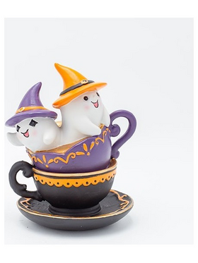 Φαντασματακια με Πορτοκαλι και Μαυρο Καπελακι, σε Φλυτζανακια, Halloween, 14,5x12,7x17,5cm