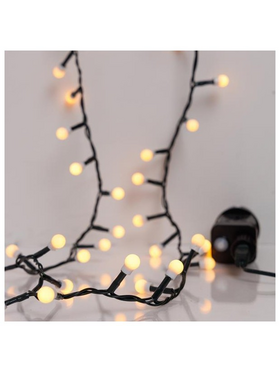 Σειρα, 100 led 3mm, Λευκες Μπαλιτσες 0.9cm, 31v Μετασχηματιστη, 8 Προγραμματα & Μνημη, Πρασινο pvc Καλωδιο, Θερμο Λευκο led ανα 3cm, Προεκταση Παροχης 3m, Ip44