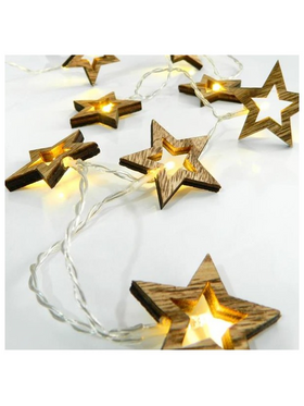 Σειρα, 10 led 5mm, με Ξυλινα Αστερακια 5cm, Μπαταριας 3xaa, Διαφανο pvc Καλωδιο, Θερμο Λευκο Led, per 15cm, Προεκταση Παροχης 50cm, Ip20
