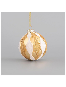 Γυαλινη Μπαλα, Χρυση με Λευκα Σχεδια, 8cm