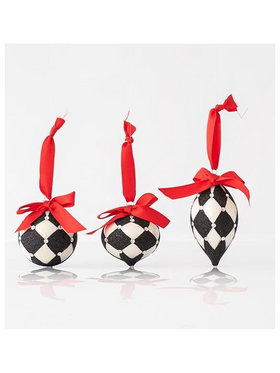 Γυαλινο Στολιδι, Ασπρομαυρο, με Κοκκινη Κορδελα, σε 3 Σχηματα, σετ 4τμχ, 10 και 15cm