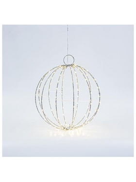 Ασημι Μεταλλικη Μπαλα Φωτιζομενη 30cm, 144 Mini Led, Σταθερος Μετασχηματιστης, Ασημι Χαλκινο Καλωδιο, Θερμο Λευκο Led, Προεκταση Παροχης 3m, Ip44