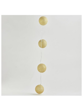 Σειρα, 10 led 5mm,  με Χρυσες Υφασματινες Μπαλες 6cm,  Μπαταριας 2xaa, Timer, Διαφανο pvc Καλωδιο, Θερμο Λευκο ανα 15cm, Προεκταση Παροχης 30cm, Ip20