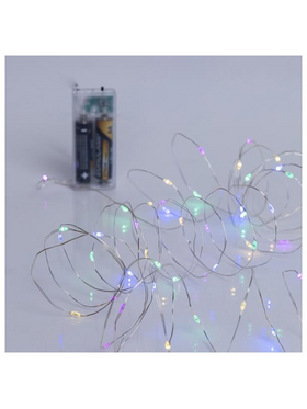 Σειρα, 50 Mini Led, Μπαταριας 2xaa, Timer, Ασημι Χαλκινο Καλωδιο, Πολυχρωμο Οπαλ Led, ανα 10cm, Προεκταση Παροχης 10cm, Ip20, Display box (24τμχ)