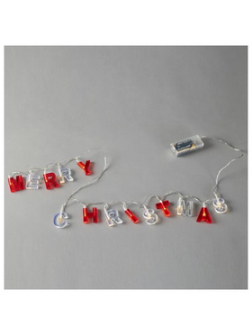 Σειρα, 14 led 5mm, 'merry Christmas', με Κοκκινα & Ασπρα Γραμματα, Μπαταριας 2xaa, Timer,  Διαφανο pvc Καλωδιο, Θερμο Λευκο led ανα 8cm, Προεκταση Παροχης 30cm, Ip20