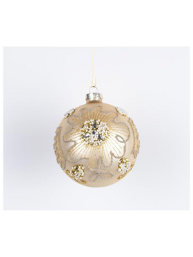 Γυαλινη Μπαλα, Χρυση με Σχεδιο και Περλες, σετ 4τμχ, 10cm