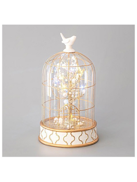 Γυαλινος Θολος Κλουβι, με Πουλακι και Δεντρο από Περλες, 12 Led, 14,6x24cm