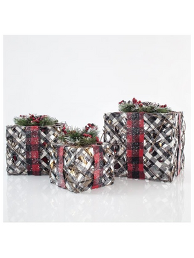 Κουτια Δωρου Φωτιζομενα, με Λευκο Μαυρο Καρο, σετ 3τμχ, 15cm/20cm/25cm