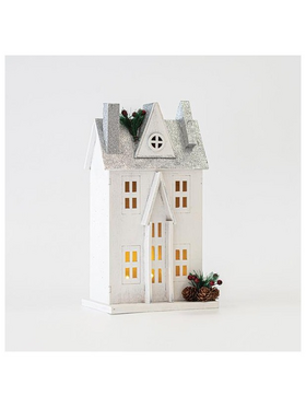 Ξυλινο Σπιτακι Φωτιζομενο, Λευκο-Γκρι, 3 led 5mm, Μπαταριας, Θερμο Λευκο, 17x11x31cm, Ip20