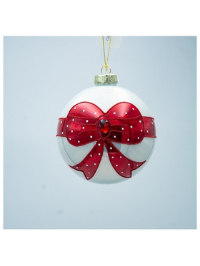 Γυαλινη Μπαλα, Λευκη με Κοκκινο Φιογκο, σετ 4τμχ, 10cm