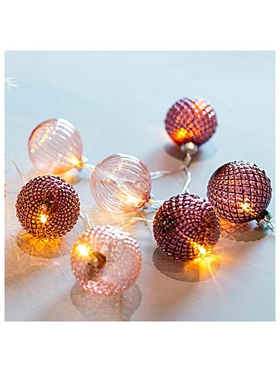 Σειρα, 10 led 5mm, με ροζ Γυαλινες Μπαλες 6cm, Μπαταριας 3xaa, Διαφανο pvc Καλωδιο, Θερμο Λευκο, ανα 15cm, Προεκταση Παροχης 50cm, Ip20