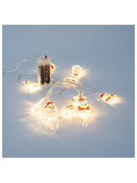 Σειρα, 10 led 5mm, με Ακρυλικους Αγιοβασιλιδες και Πιγκουινους, Μπαταριας 2xaa, Διαφανο pvc Καλωδιο, Θερμο Λευκο Led, ana 10cm, Προεκταση Παροχης 50cm, Ip20