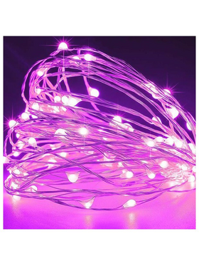 Σειρα, 100 Μινι Led, 4,5v, Σταθερο, με Μετασχηματιστη, Προεκταση Παροχης 500cm, Ασημι Χαλκος, ροζ Led, ana 10cm, Ιρ44