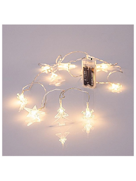 Σειρα, 10 led 5mm, με Ακρυλικες Χιονονιφαδες, Αστερια και Δεντρα, Μπαταριας 2xaa, Διαφανο pvc Καλωδιο, Θερμο Λευκο Led, ana 15cm, Προεκταση Παροχης 50cm, Ip20