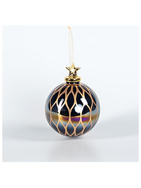 Γυαλινη Μπαλα, Ιριδιζουσα Μαυρη με Πορσελανινο Αστερι και Χρυσα Σχεδια, 1τμχ, 10cm
