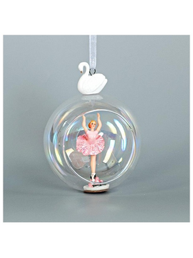 Γυαλινη Μπαλα με Πορσελανινο Κυκνο, με Μπαλαρινα στο Εσωτερικο Της, 10x13cm