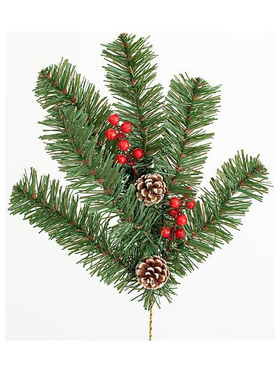 Κλαδι 60cm, με Χιονισμενες Κουκουναρες και Berries, 6 Tips (Παχος των Tips 8cm), Πρασινο Χρωμα