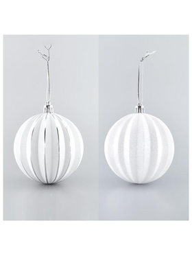 Μπαλα Λευκη Αναγλυφη, με Ασημι και Λευκη Διακοσμηση, σετ 6τμχ, 8cm