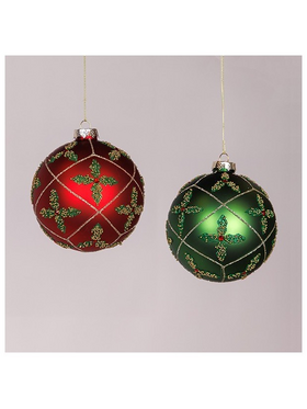 Γυαλινη Μπαλα, Πρασινη και Κοκκινη με Σχεδιο Λουλουδι, σετ 2τμχ, 10cm