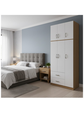 Ντουλάπα Τρίφυλλη με 2 Συρτάρια και Πατάρι Lego Pakoworld σε oak-Λευκή Απόχρωση 90x42x240εκ