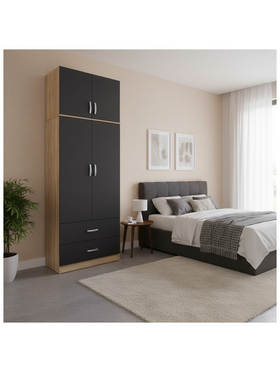 Ντουλάπα Δίφυλλη με 2 Συρτάρια και Πατάρι Lego Pakoworld σε oak-Ανθρακί Απόχρωση 80x42x240εκ