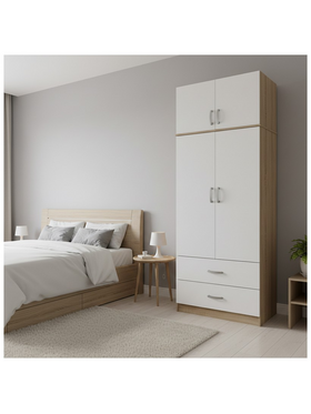 Ντουλάπα Δίφυλλη με 2 Συρτάρια και Πατάρι Lego Pakoworld σε oak-Λευκή Απόχρωση 80x42x240εκ