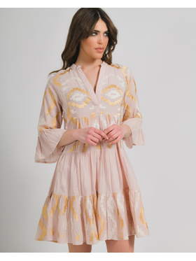 Ble Φορεμα Κοντο με Μακρυ Maniki ροζ με Χρυσα/λευκα Σχεδια one Size (100% Cotton)